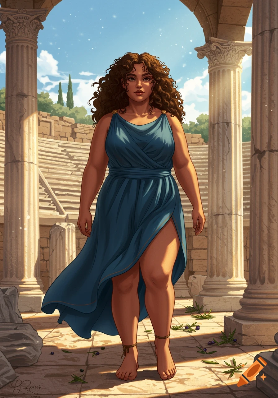 A young woman with curly brown hair in a teal Greek-style dress stands barefoot among stone columns and an amphitheater under a blue sky.