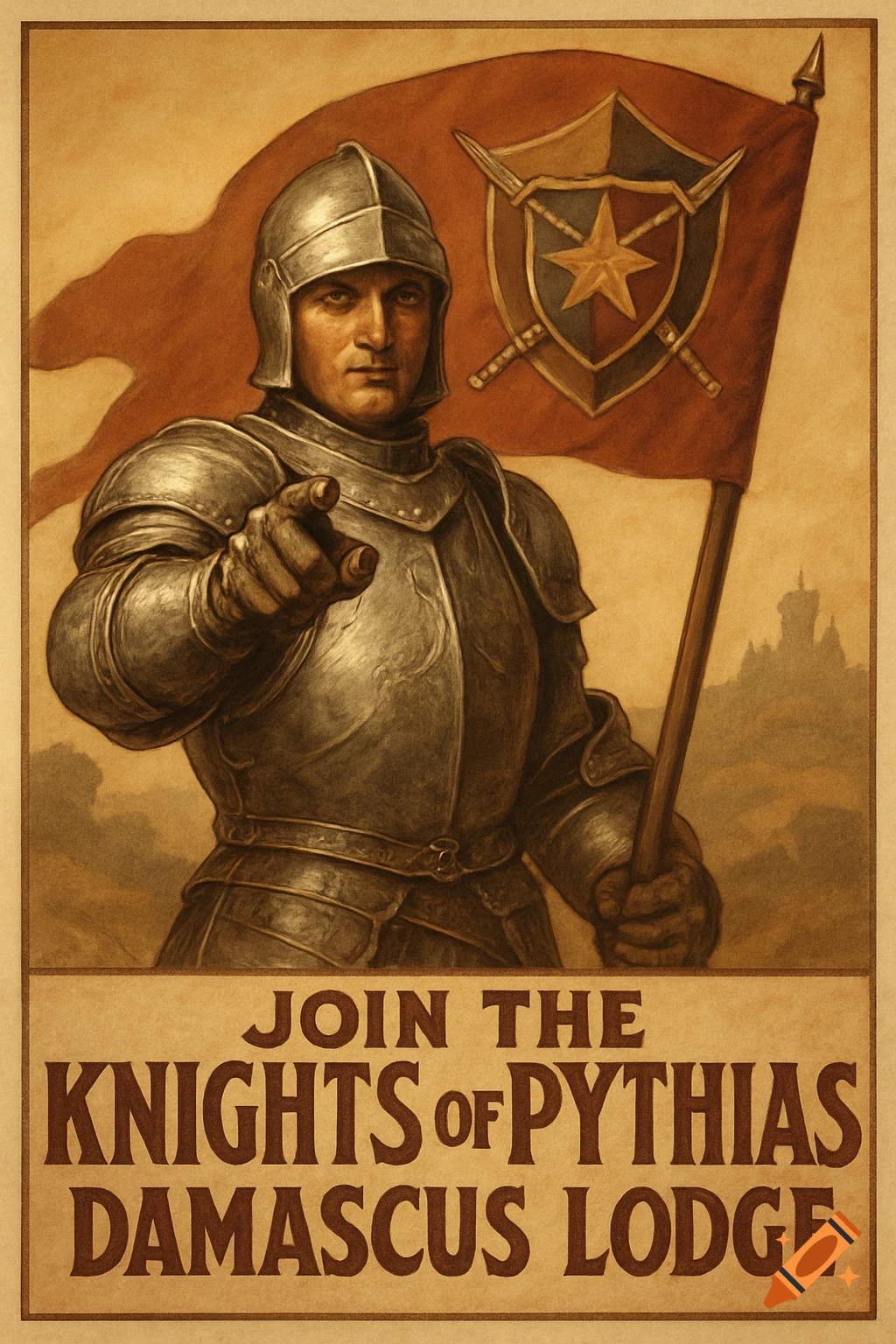 Vintage-style recruitment poster of a medieval knight in armor pointing forward, holding a flag with an emblem. Text reads 'JOIN THE KNIGHTS OF PYTHIAS DAMASCUS LODGE'.