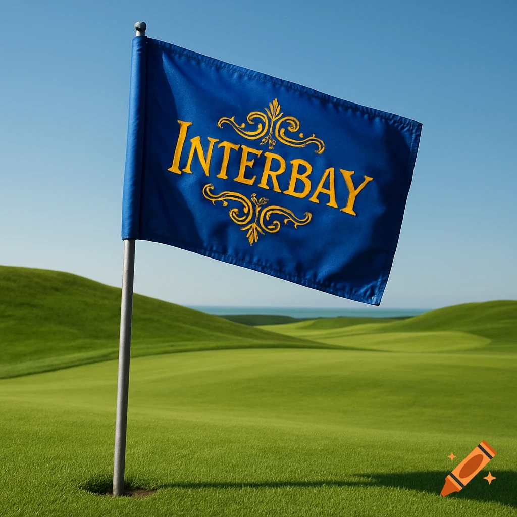 A blue golf flag with "INTERBAY" in gold text and royal embroidery stands on a green golf course under a clear blue sky.