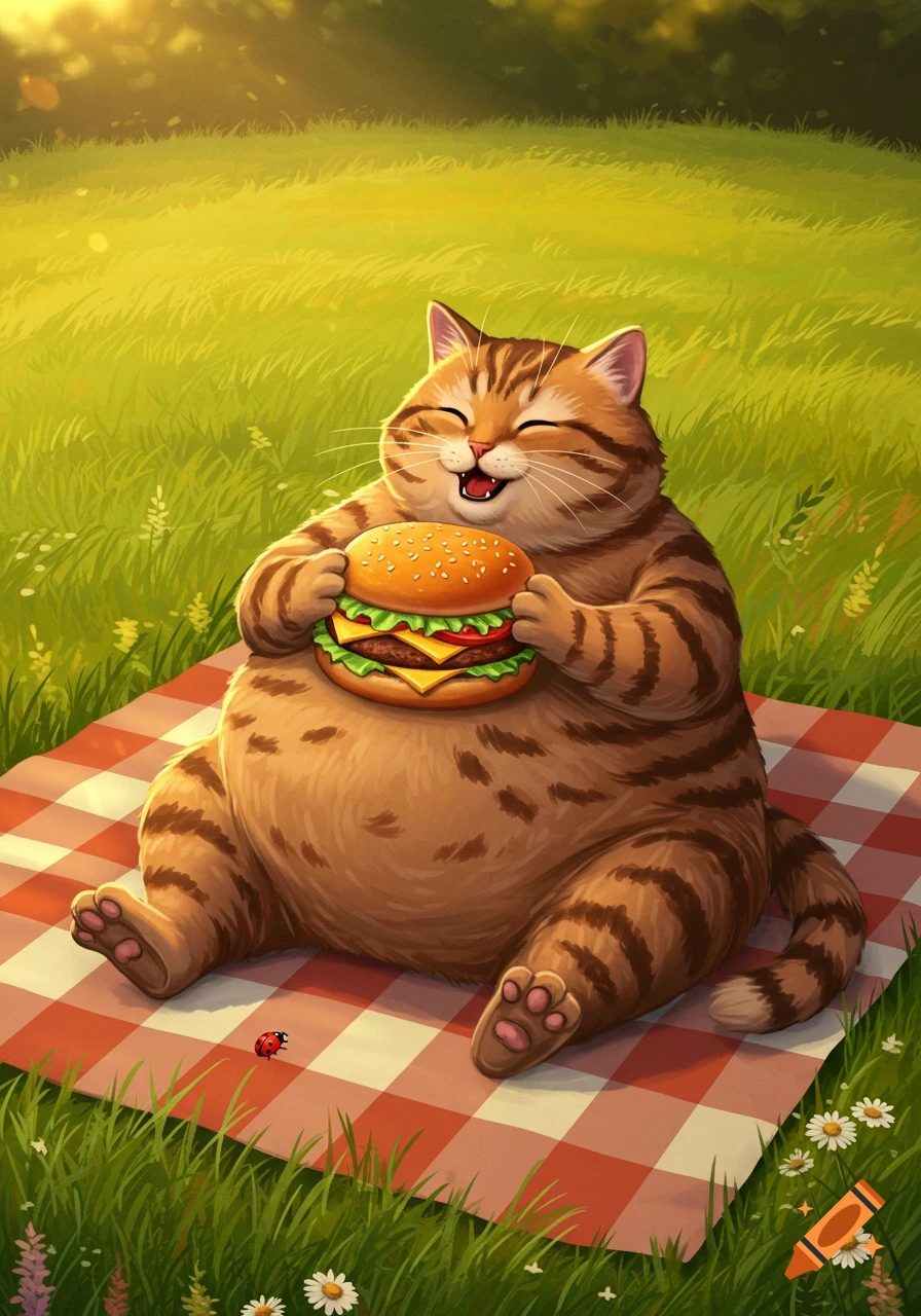 A happy, plump striped cat sits on a red and white picnic blanket in a sunny grassy field, joyfully eating a large hamburger.