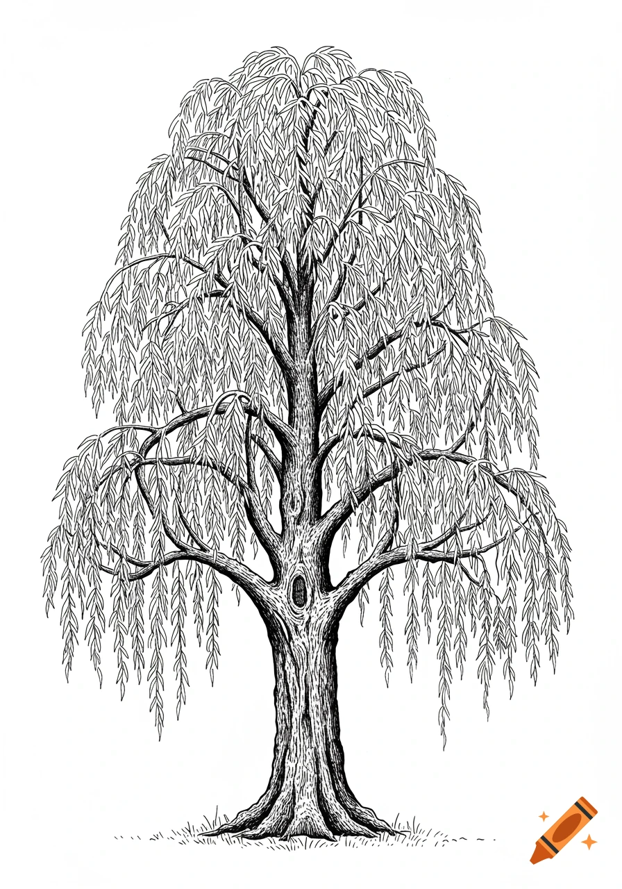 A detailed black ink drawing of a weeping willow tree with a gnarled trunk and flowing branches.