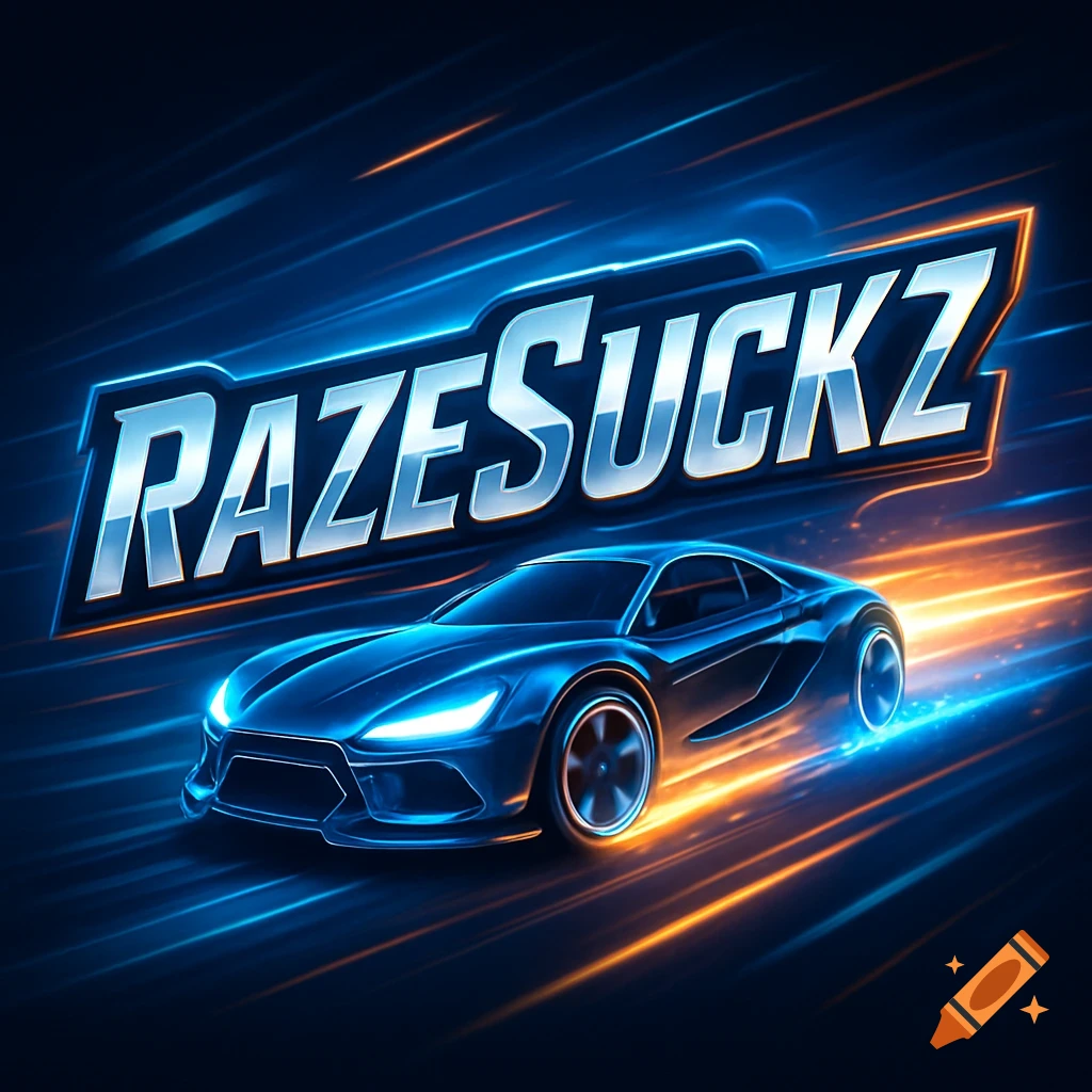 A futuristic blue logo with the word RAZESUCKZ and a sleek sports car with glowing lights and motion blur against a dark background.