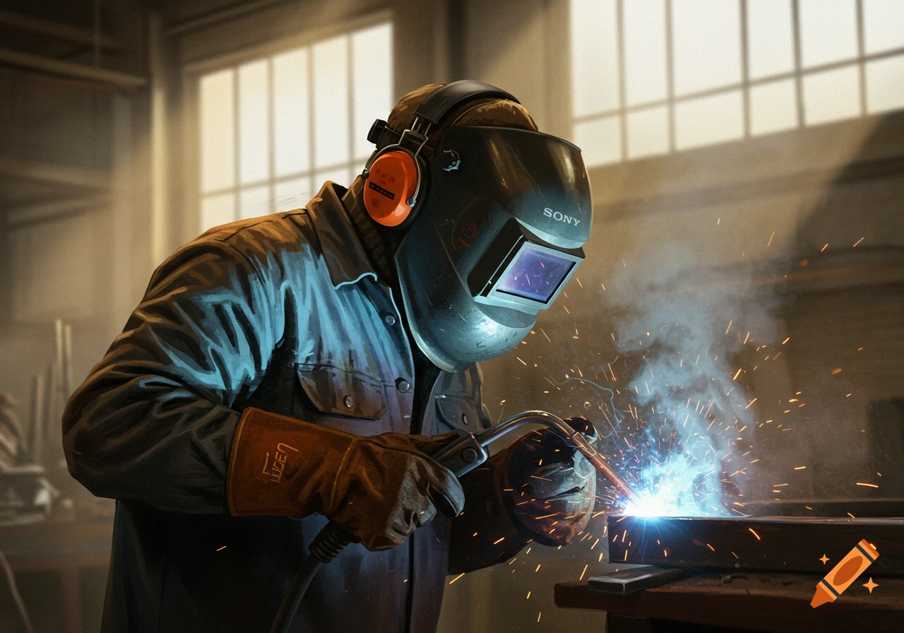 A welder in a helmet and headphones sparks metal with a torch in a dimly lit workshop, light streaming from windows.