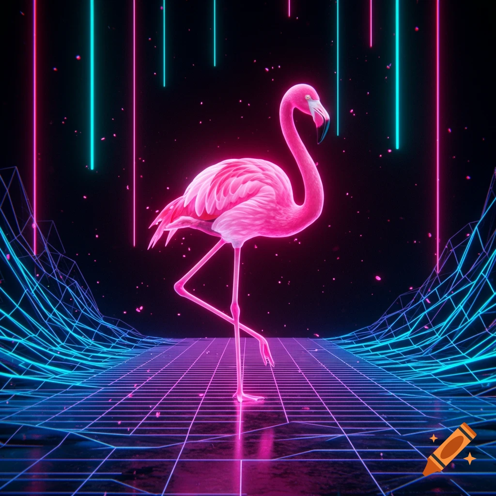 A vibrant pink flamingo stands on a glowing blue and pink grid in a dark, neon-lit, Tron-like world with glowing lines and scattered light particles.