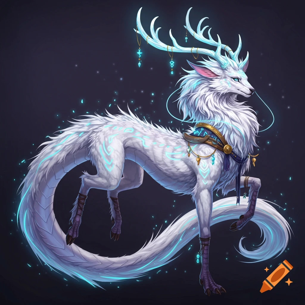 A majestic white dragon-deer hybrid with glowing antlers, a long tail, and blue markings stands gracefully in a semi-realistic digital painting.