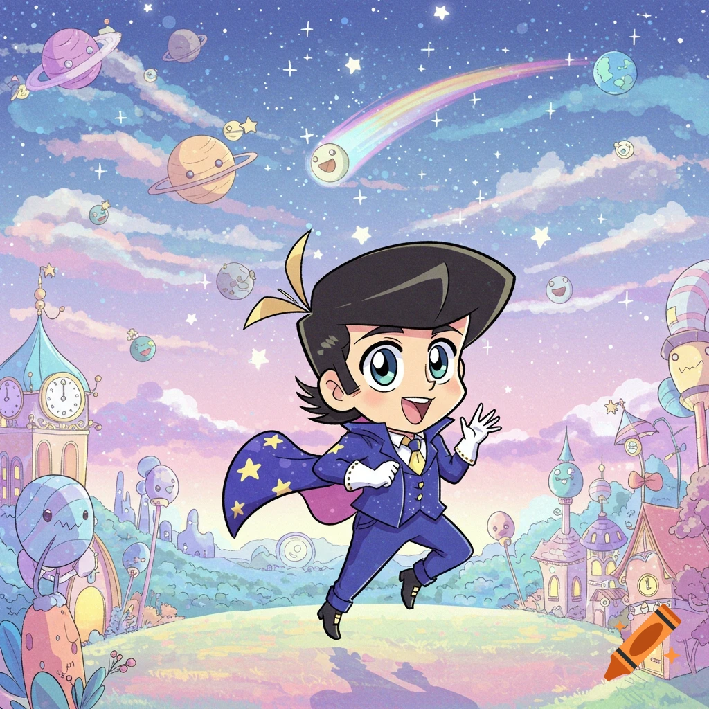 A chibi cartoon boy in a blue magician's suit with a starry cape runs through a whimsical sky with planets and fantasy buildings.