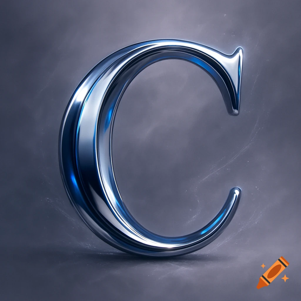 A shiny, chrome-like letter C with a blueish tint on a dark, slightly textured background.