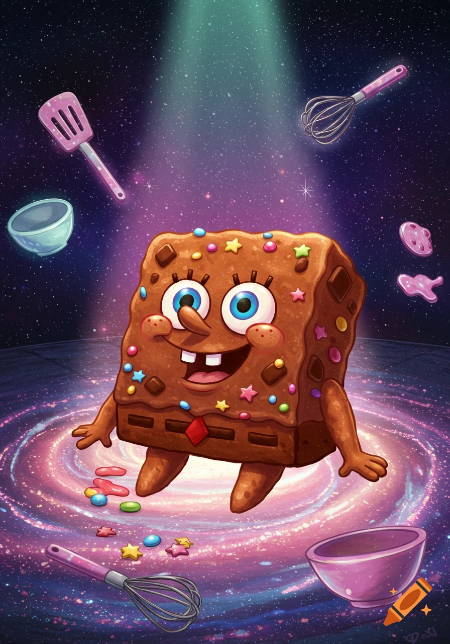 A whimsical, cartoonish Spongebob-like character made of a cosmic brownie floats in a swirling galaxy surrounded by baking tools and colorful sprinkles.