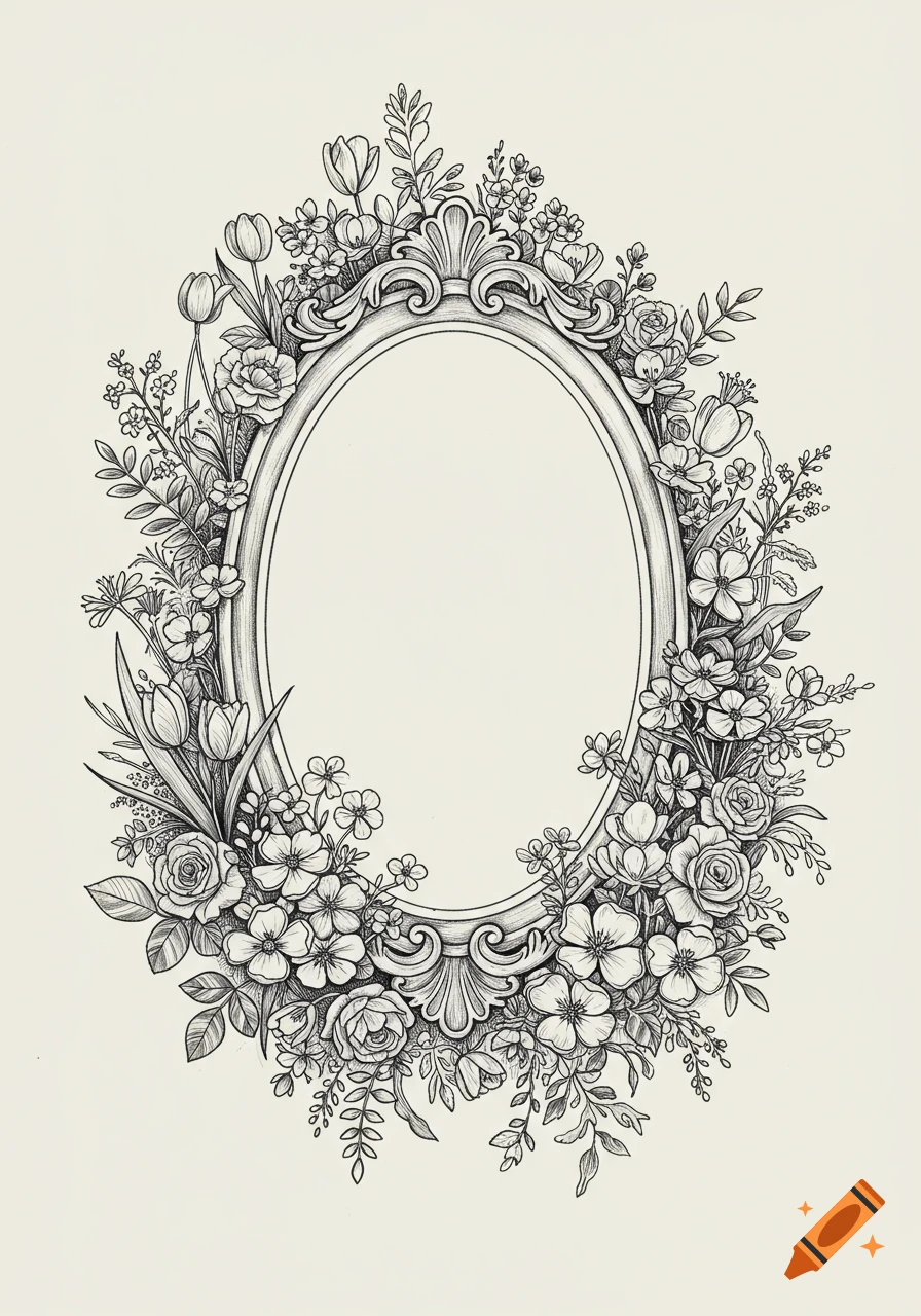 Detailed black and white illustration of an ornate oval frame surrounded by roses, tulips, and wildflowers.
