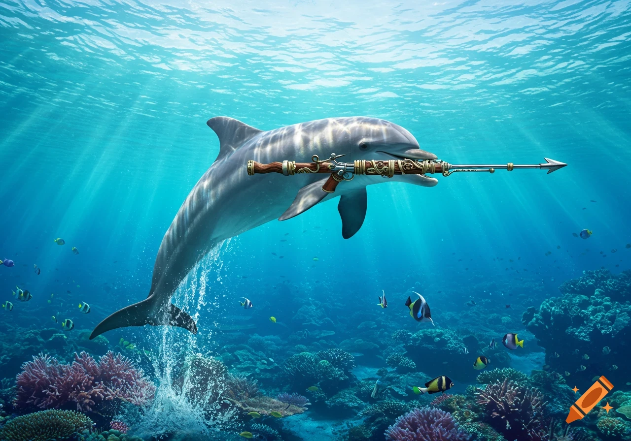 A dolphin swims underwater, holding a detailed, ornate gun in its mouth, with sun rays piercing the blue water above coral reefs and fish.