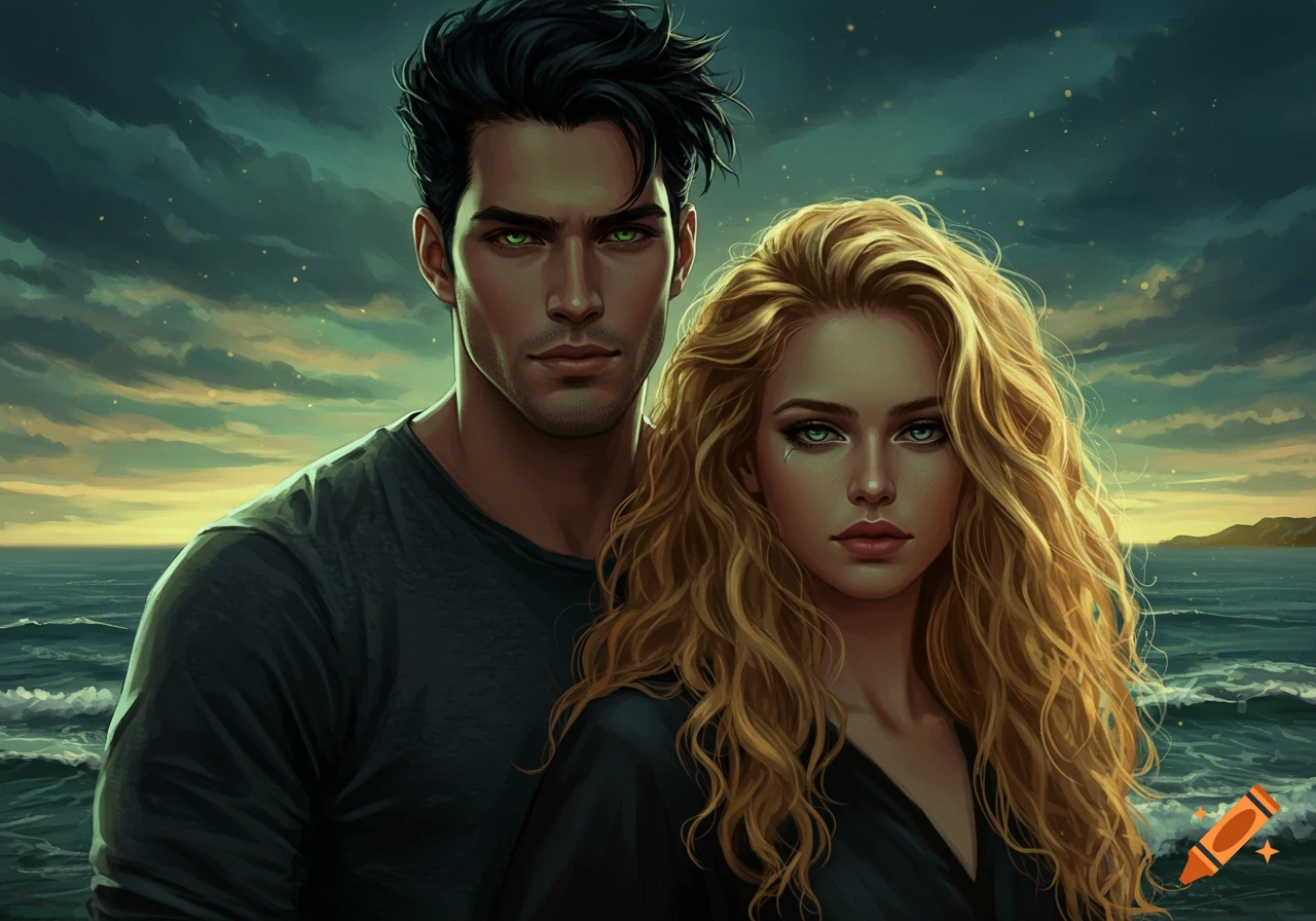 A man with dark hair and a woman with long blonde curly hair, both with intense green eyes, stand against a stormy sea and sunset sky.