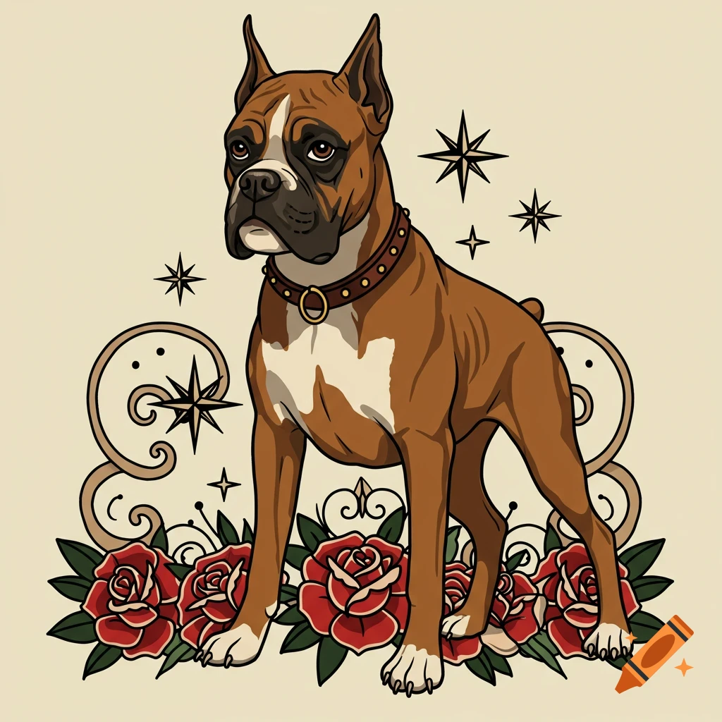 A brown and white boxer dog depicted in an American traditional tattoo style, surrounded by red roses and stars.