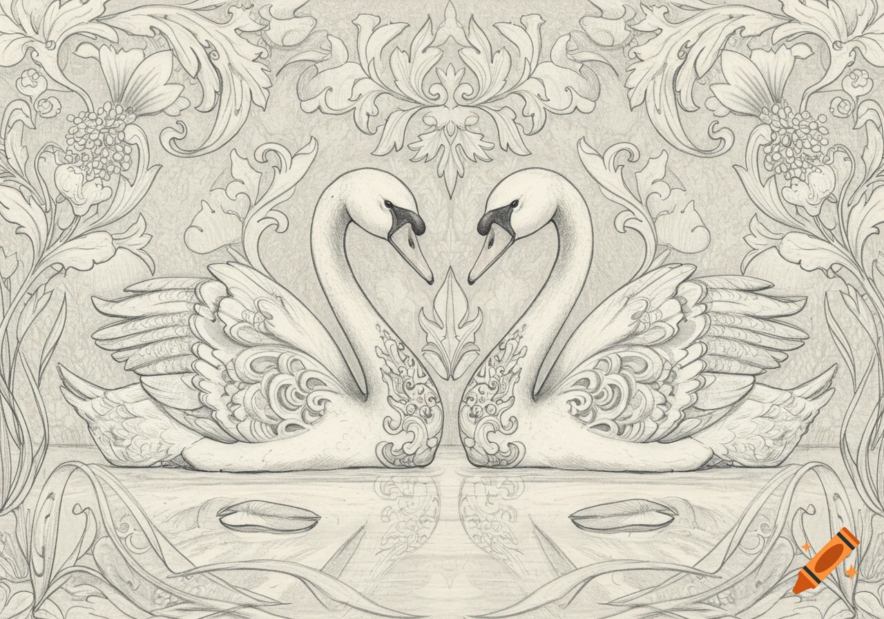 Pencil sketch of two swans forming a heart shape, surrounded by ornate floral patterns in William Morris style.