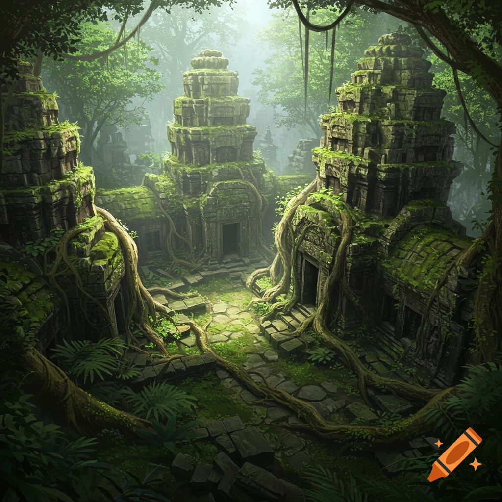 Ancient stone temple ruins overgrown with moss and roots in a lush, misty rainforest.