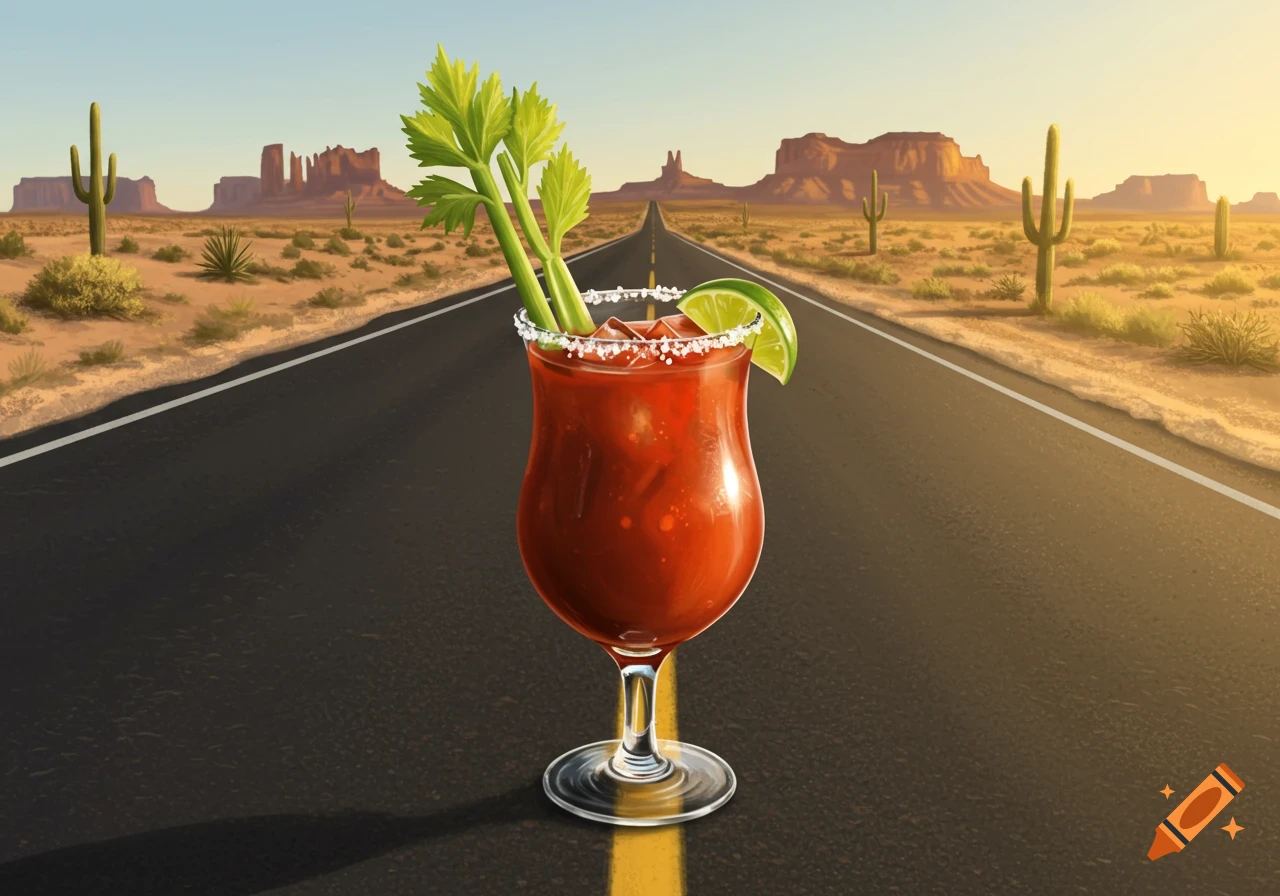 A Bloody Mary cocktail stands in the middle of a desert highway, with saguaro cacti and buttes under a sunset sky.