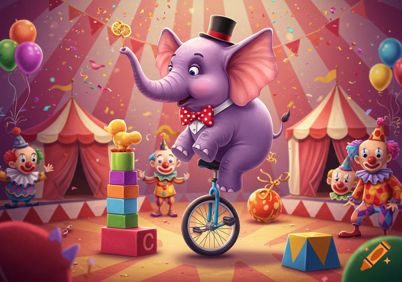 A cartoon purple elephant in a top hat and bow tie balances on a unicycle, holding a pinwheel. Clowns, balloons, and circus tents are in the background amidst falling confetti.