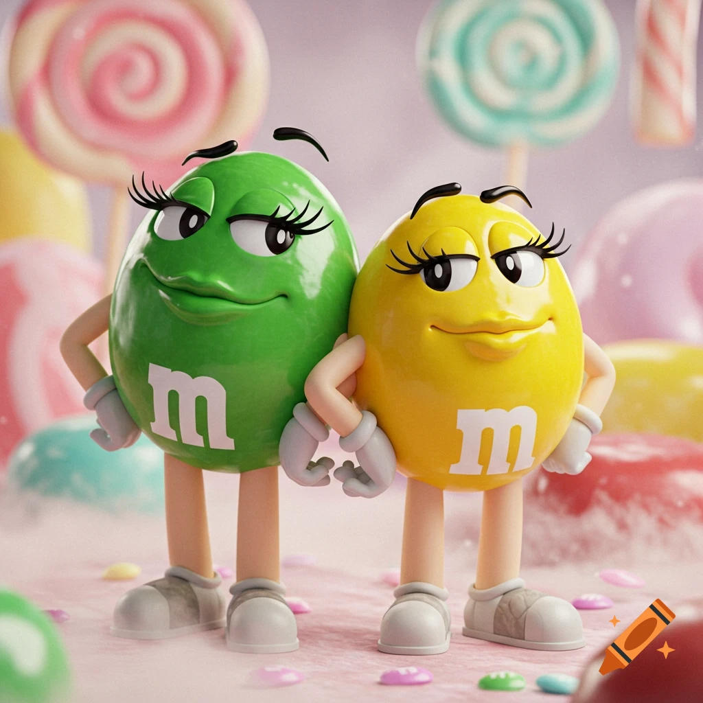 A green and a yellow anthropomorphic M&M character with eyelashes standing in a candy land, photorealistic 3D render.