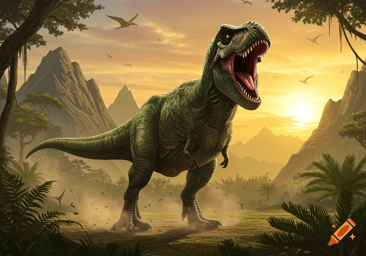 A roaring T-Rex stands in a prehistoric jungle landscape at sunset with mountains and flying pterodactyls.