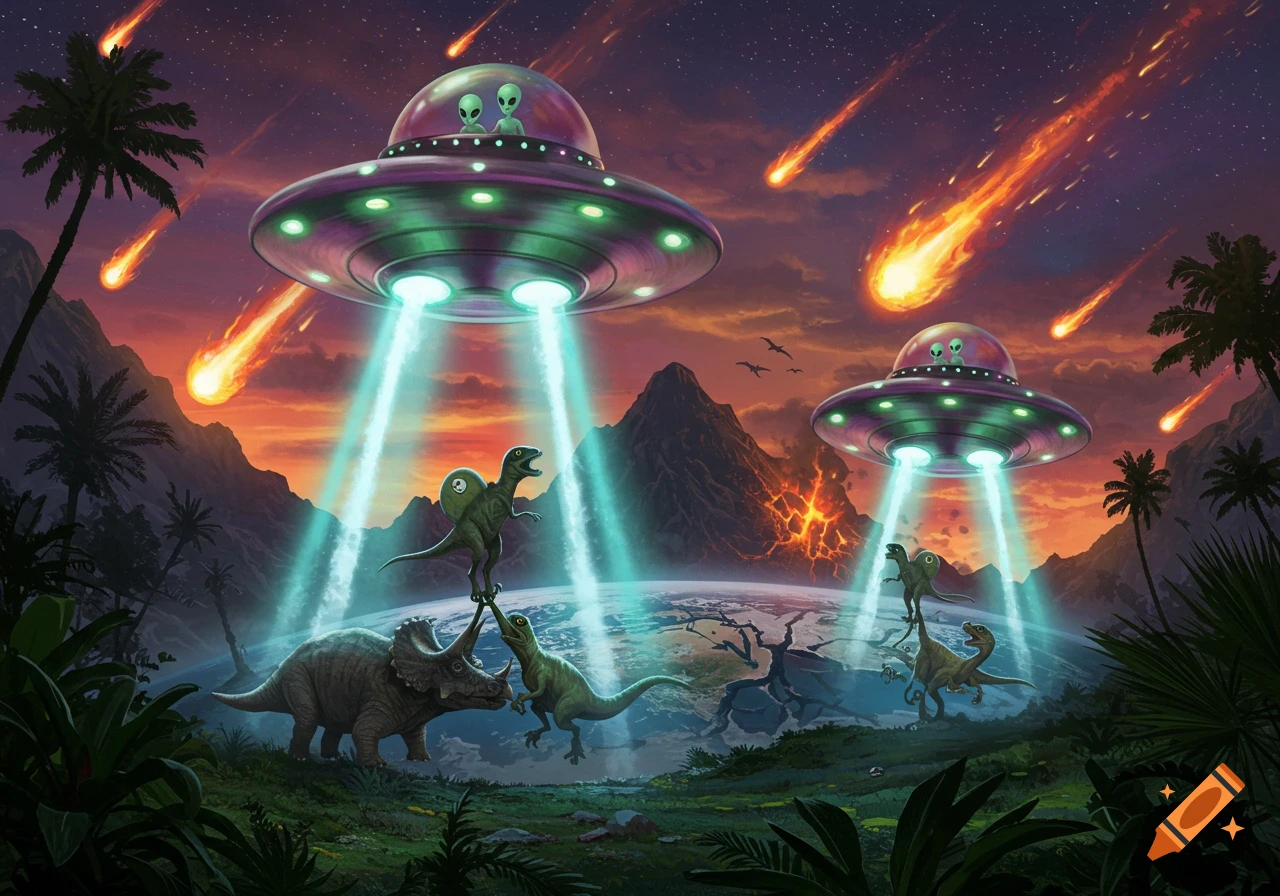 Vibrant illustration of tiny alien spaceships abducting dinosaurs from Earth during a meteor shower and volcanic eruption.