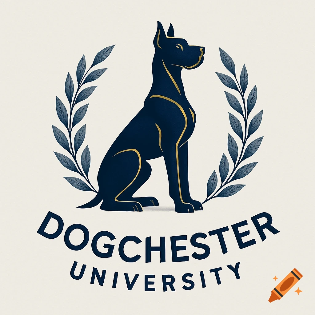A university logo featuring a dark blue and gold stylized dog sitting within a laurel wreath, with "DOGCHESTER UNIVERSITY" text below.