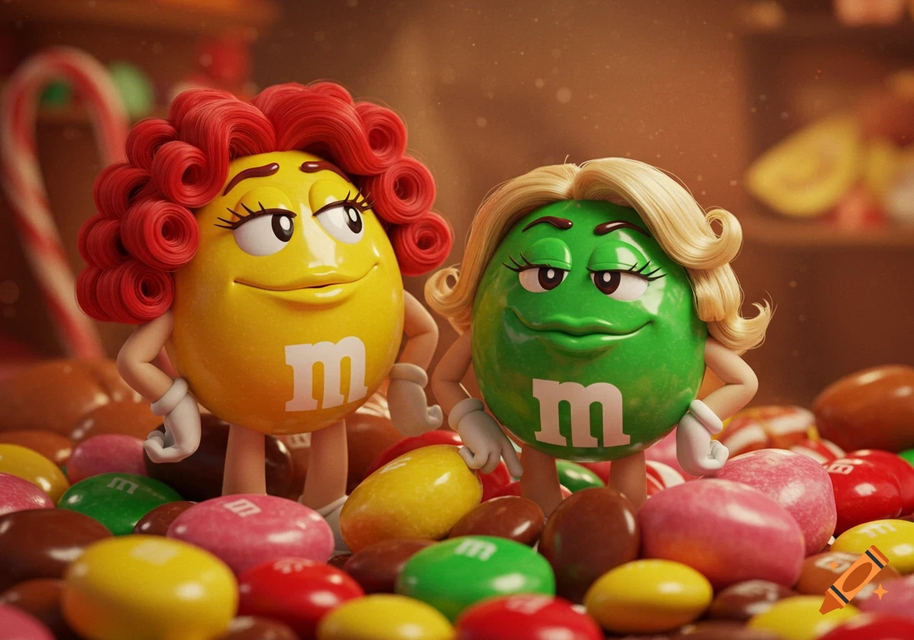 Yellow M&M with red curly hair and green M&M with blonde hair stand among colorful candies in a cheerful 3D render.