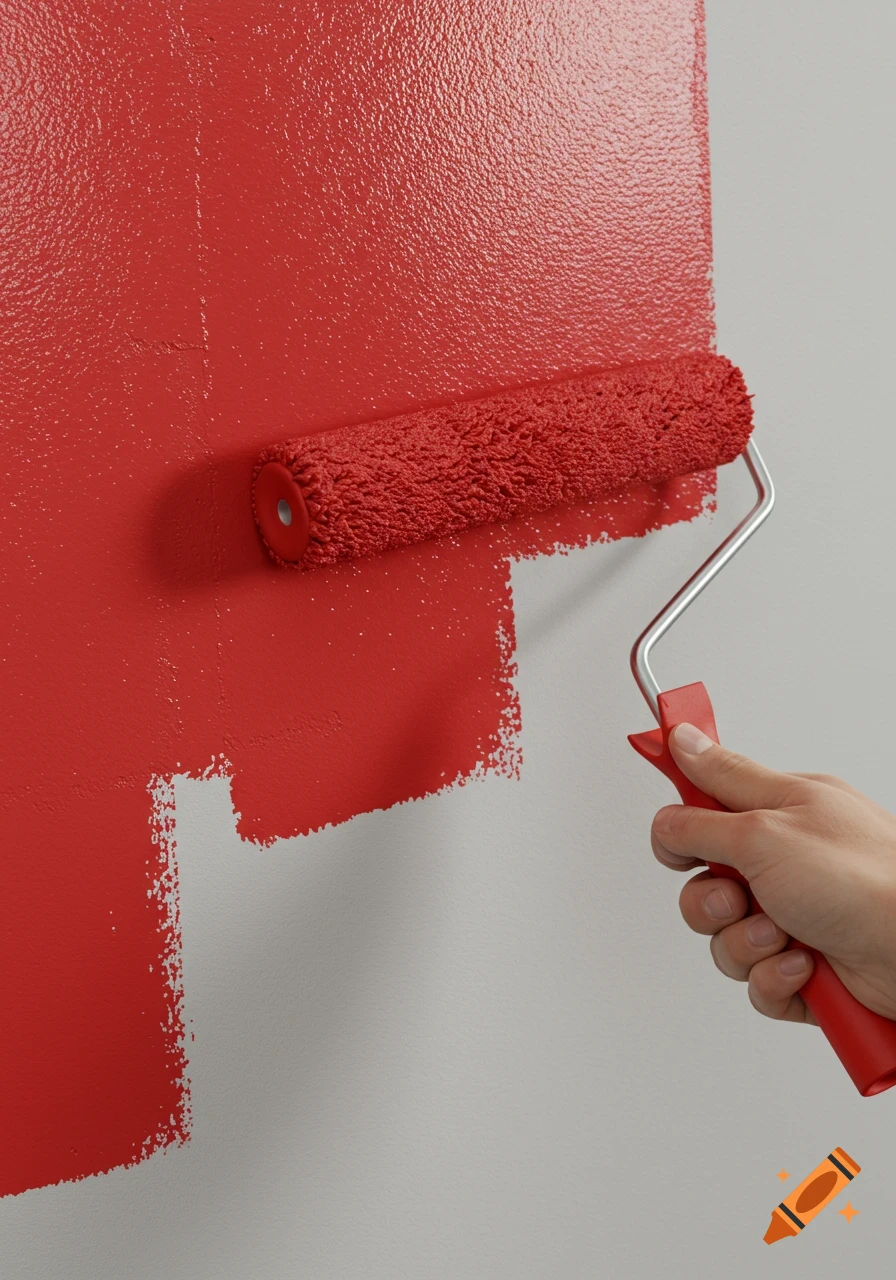 A close-up of a hand using a red paint roller to apply red paint to a light gray wall.
