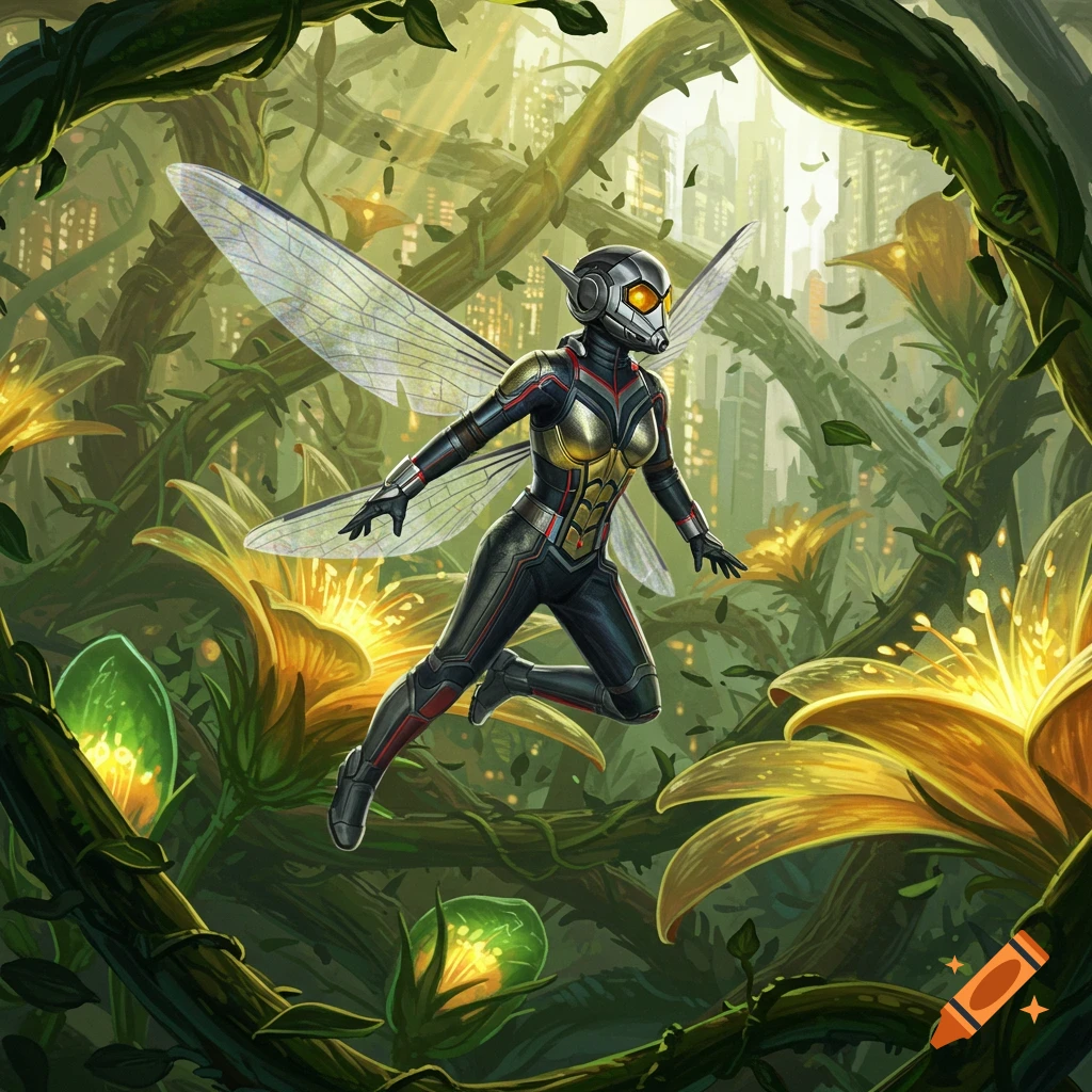 The Wasp superhero, in her black and gold suit with clear insect wings, flies through an overgrown, fantastical jungle with giant vines and luminous yellow flowers, a futuristic cityscape visible in the background.