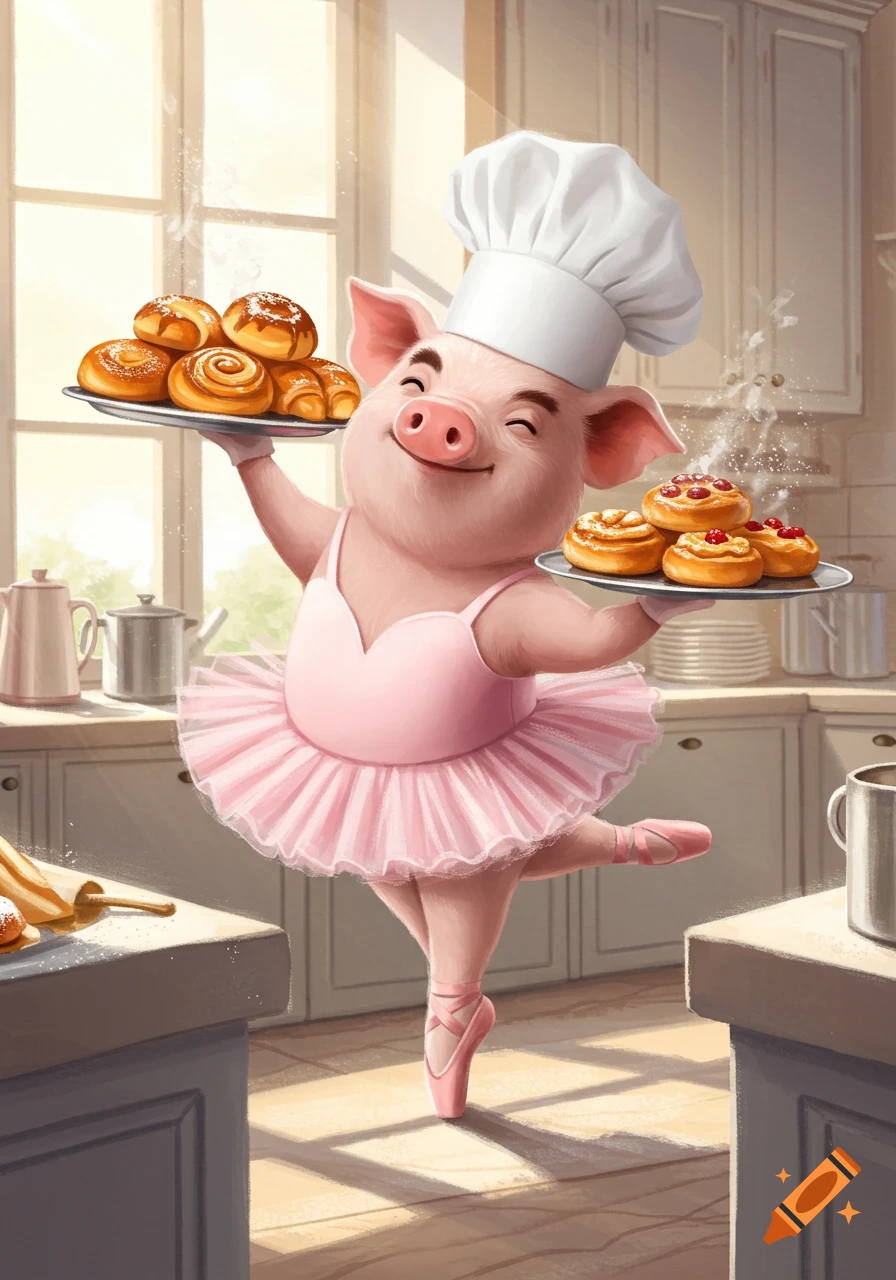 A cute cartoon pig in a chef's hat, pink tutu, and pointe shoes dances in a sunlit kitchen, holding trays of steaming baked goods.