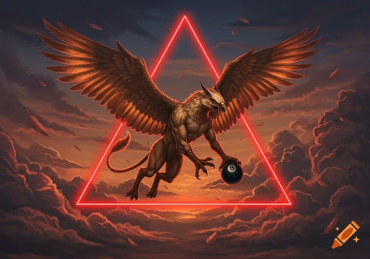 A majestic griffin with large wings soars through a cloudy, sunset-lit sky, holding an 8-ball in its claws, framed by a glowing red neon triangle.