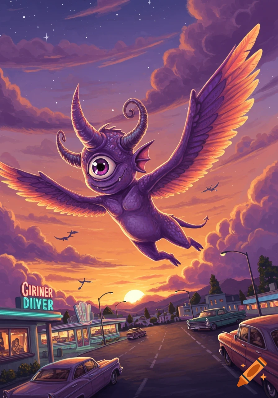 A purple, one-eyed, horned monster with large wings flies over a retro street scene with classic cars and a diner at sunset.