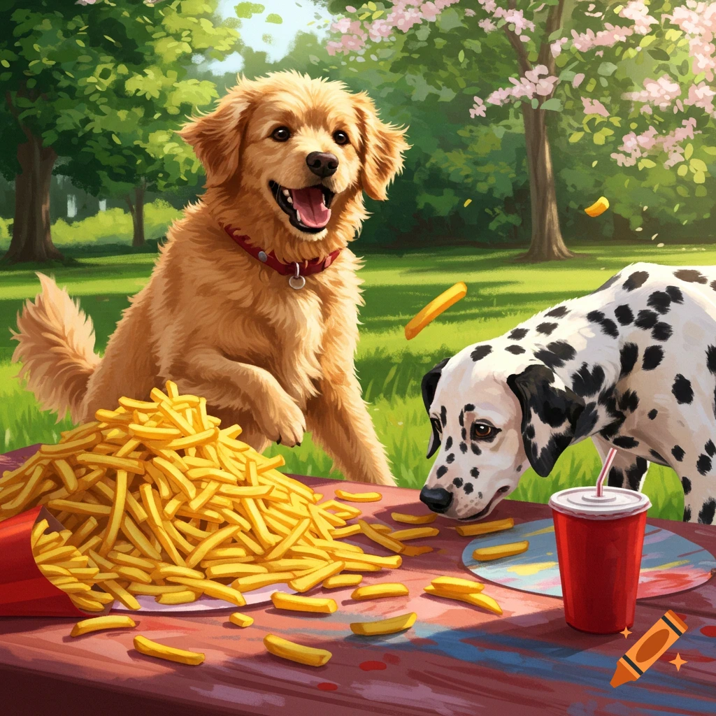 A happy golden retriever and a dalmatian near a large pile of french fries and a red soda cup on a picnic blanket in a sunny park.