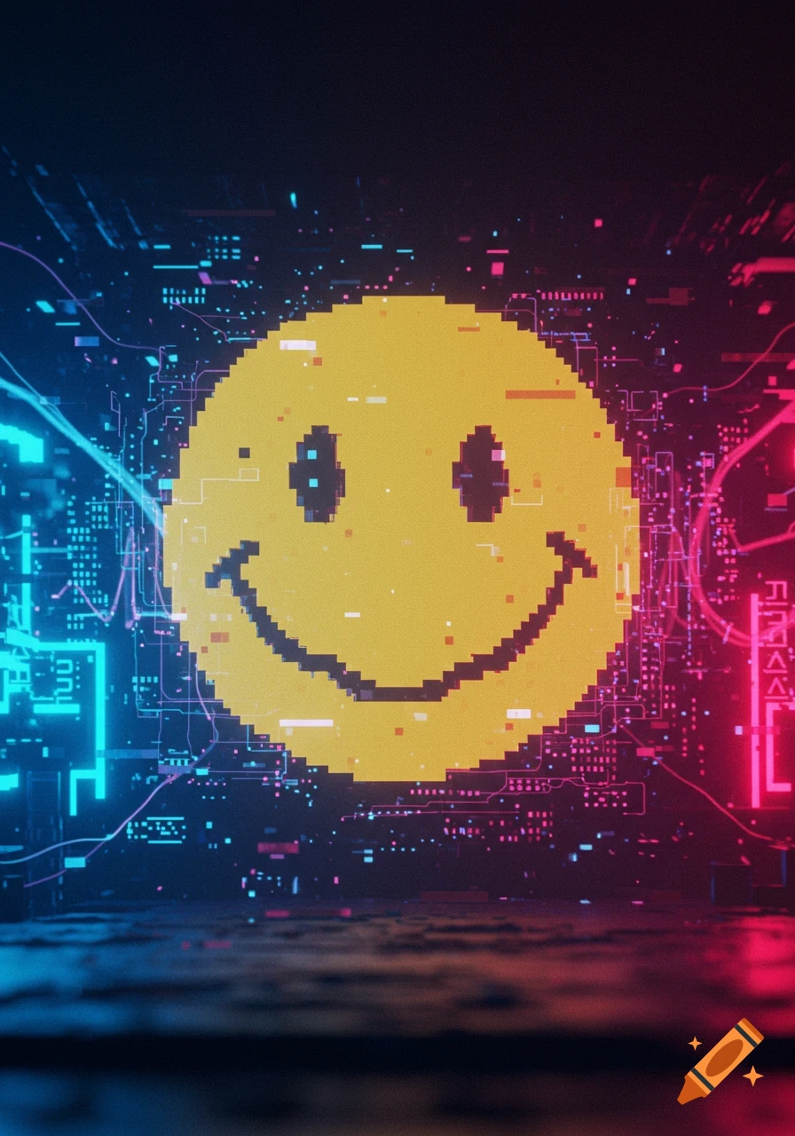 A large yellow pixelated smiley face in the center, surrounded by a dark background filled with glowing blue and red digital circuit lines and scattered data points.