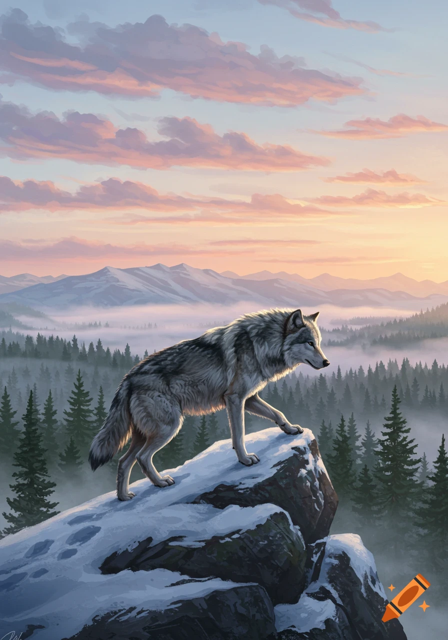 A lone wolf stands on a snowy mountain peak at sunrise, with misty evergreen forests and distant mountains.