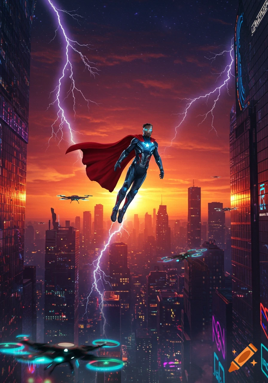 A superhero in a blue and red suit with a cape flies above a futuristic city with lightning during sunset.