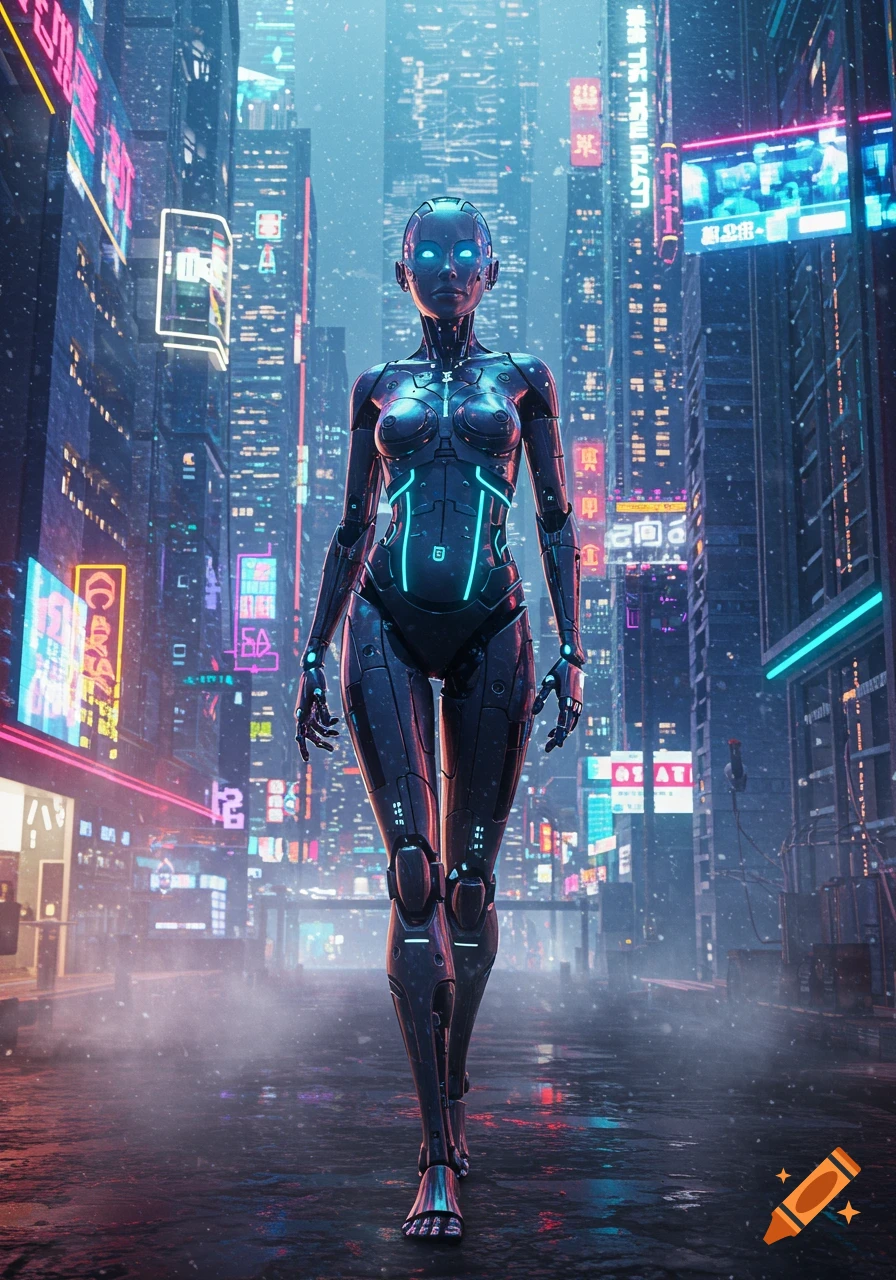 A metallic female cyborg with glowing blue eyes walks down a rainy, neon-lit futuristic city street during snowfall.