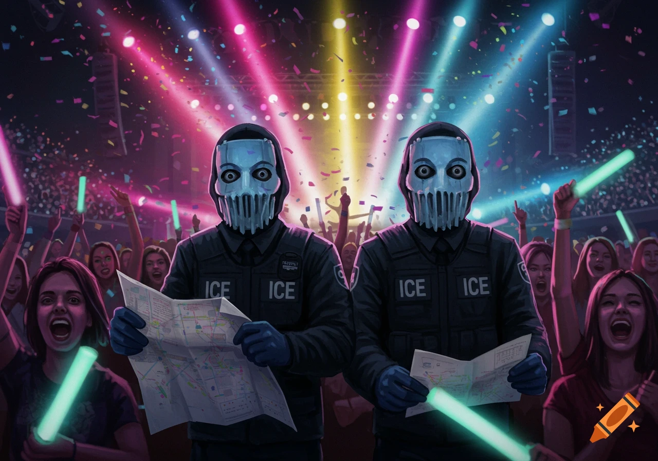 Two figures in dark uniforms and creepy masks with glowing eyes hold open maps in a bright, confetti-filled concert venue with an excited crowd.