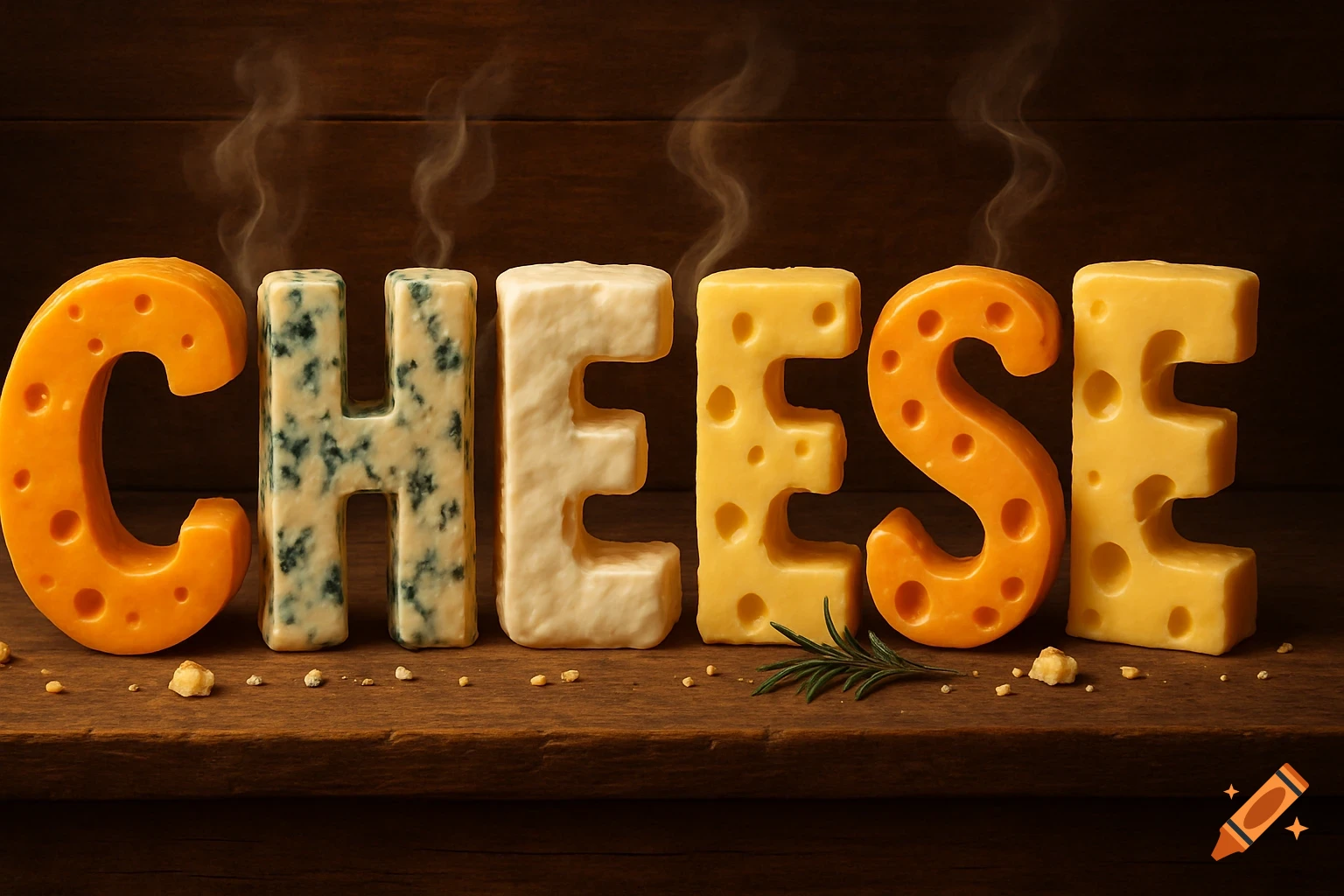 The word CHEESE spelled out with letters made of various types of cheese, on a wooden surface with steam rising.
