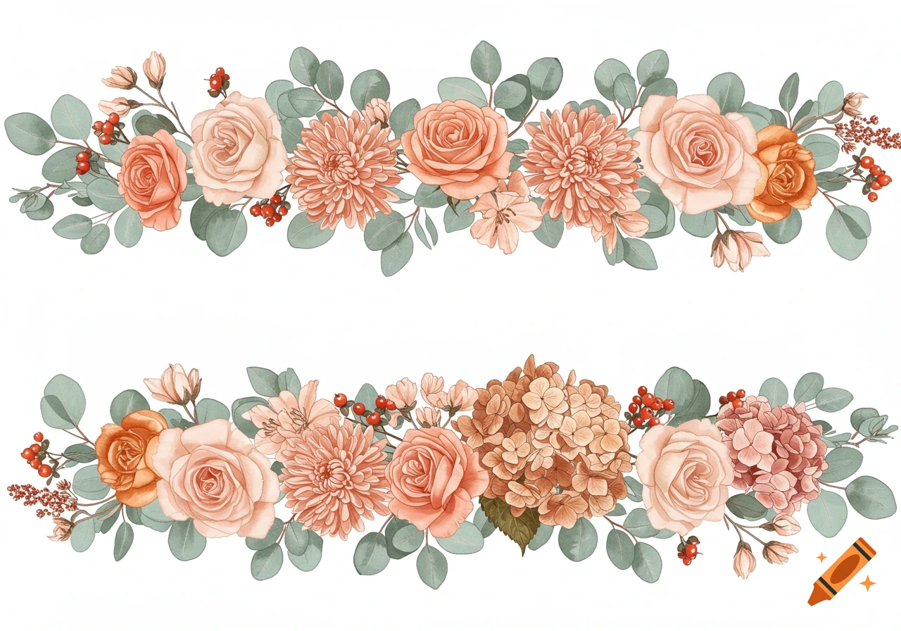 Two watercolor floral borders with peach, amber, and blush flowers, sage green eucalyptus, and red berries.