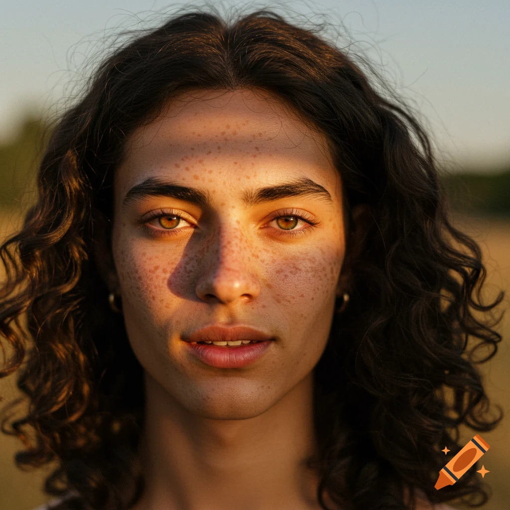 Close-up photorealistic portrait of a person with long curly dark hair and freckles, with a shadow across their face.