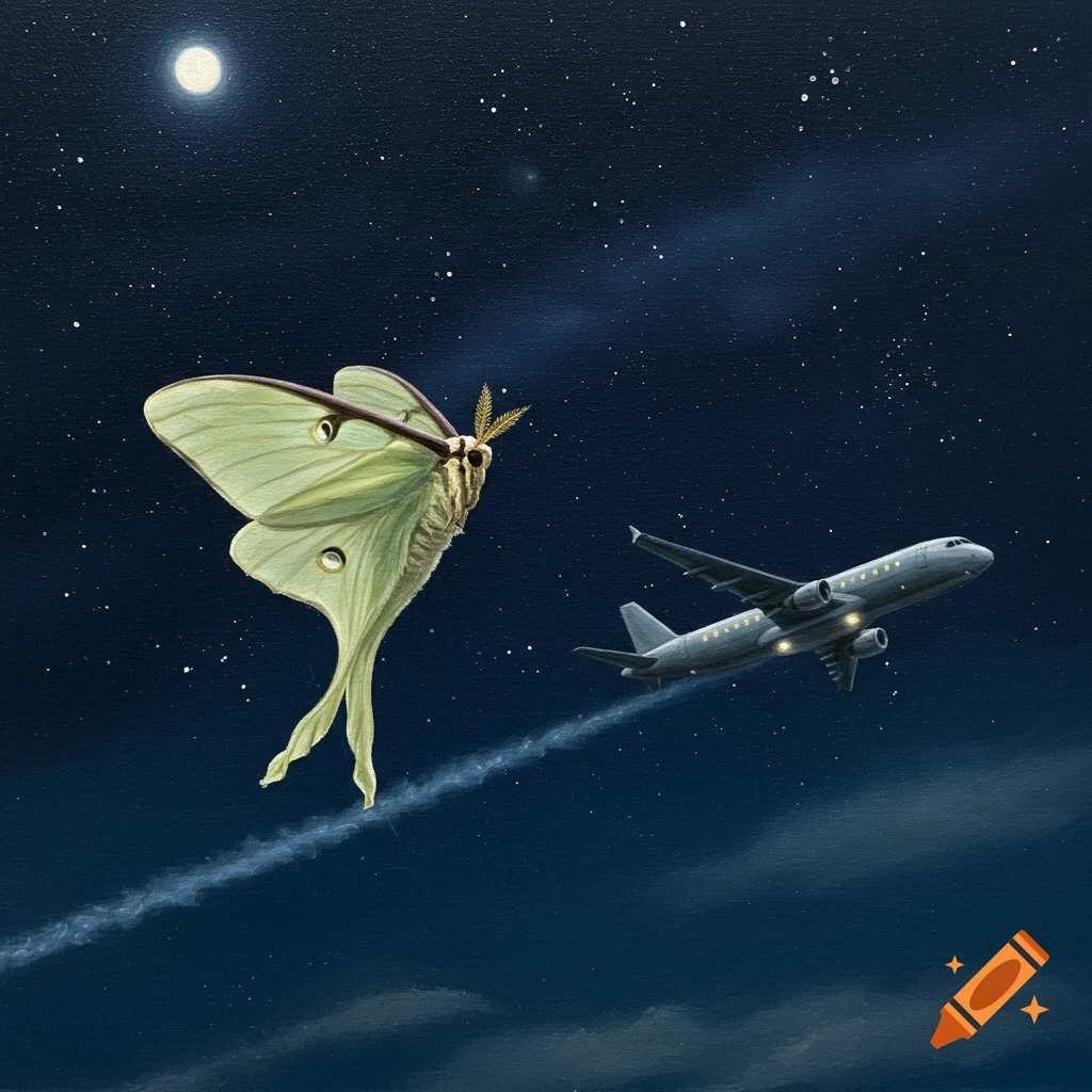 A realistic painting of a light green Luna moth flying alongside a passenger airplane in a dark night sky with a full moon and stars.