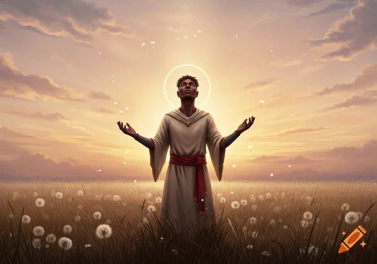 A person with a halo and outstretched arms stands in a dandelion field at sunset, with glowing particles floating around them.