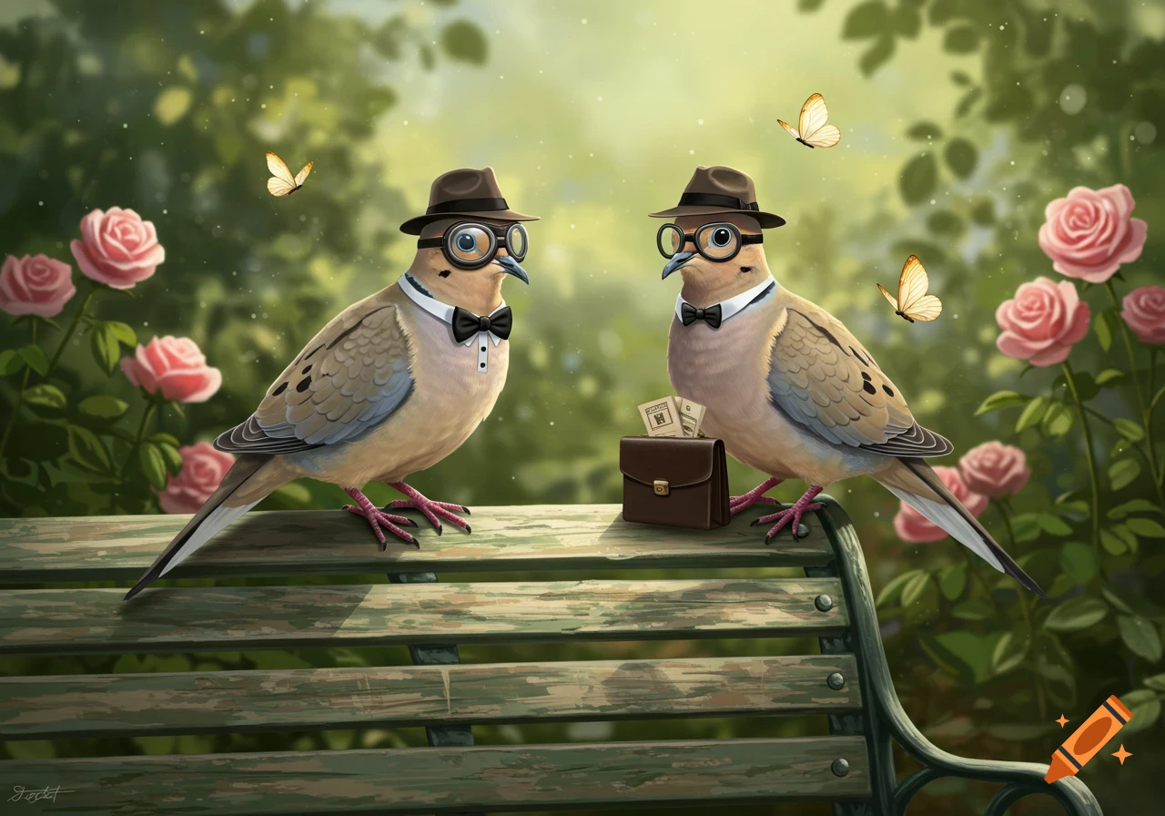 Two anthropomorphic mourning doves, dressed in hats, bow ties, and glasses, sit on a park bench with a briefcase in a rose garden.