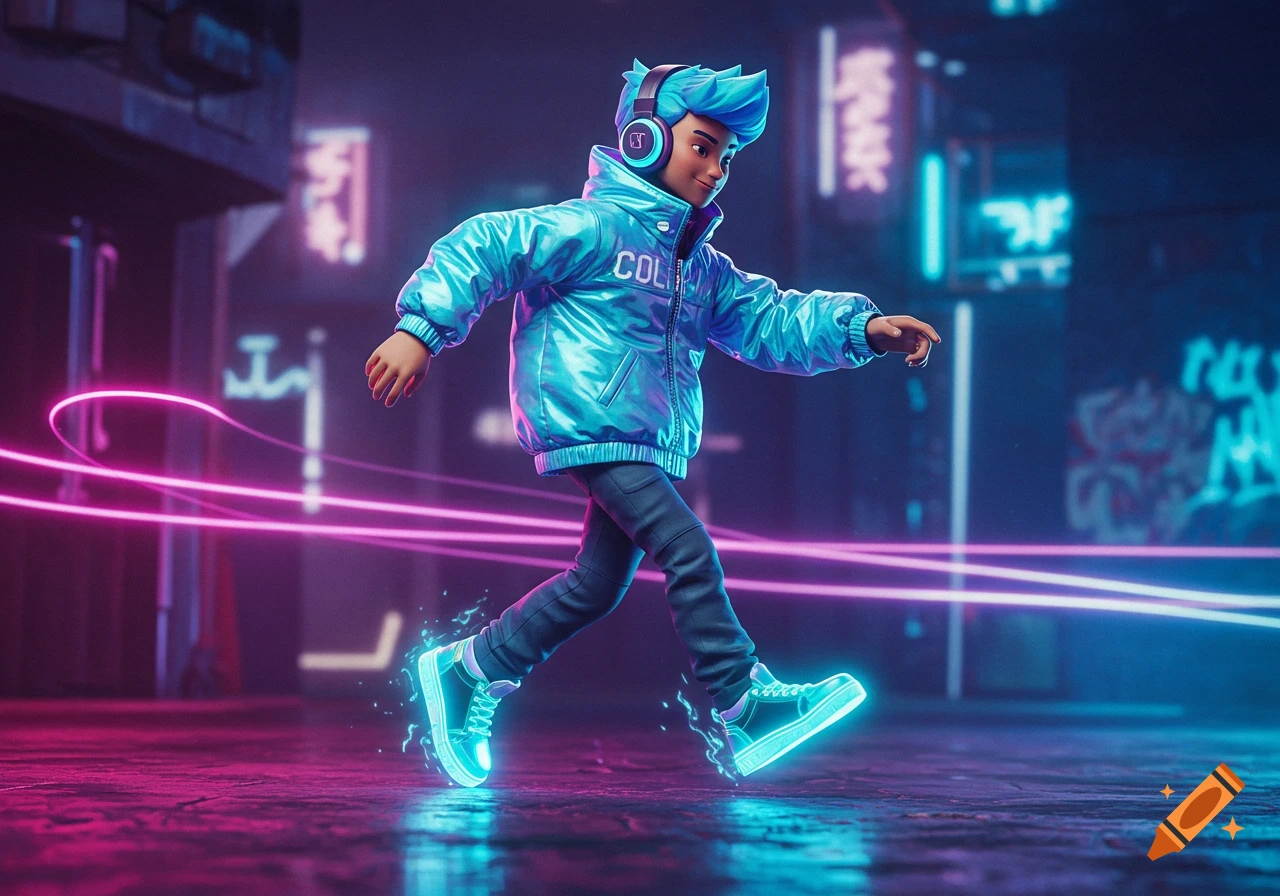 A stylized character with blue hair and glowing sneakers walks in a neon-lit cyberpunk city at night.