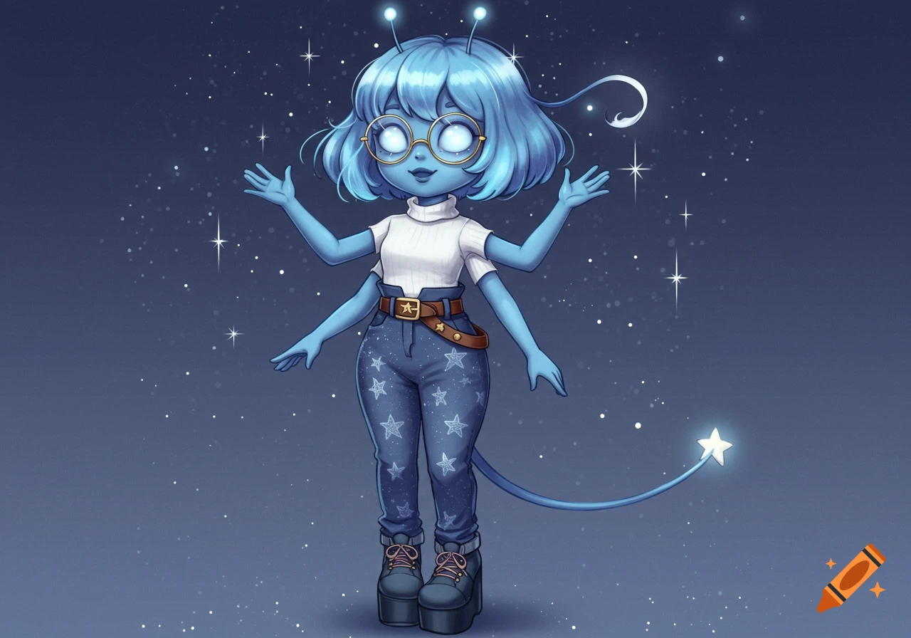 A cute, blue-skinned, four-armed anime alien girl with star antennas and a glowing star tail, wearing a turtleneck and star-patterned pants, against a starry background.