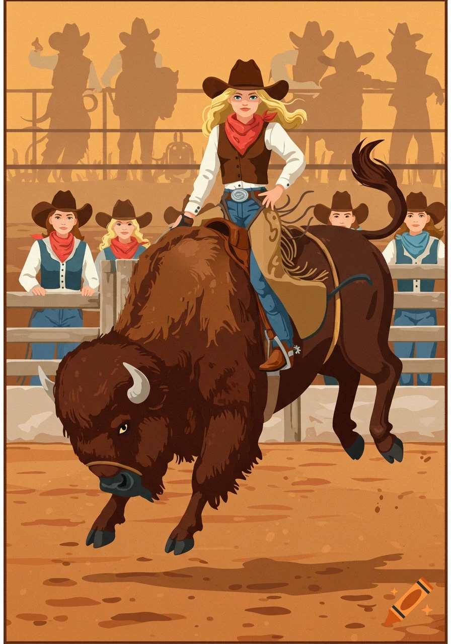 A blonde cowgirl rides a bucking buffalo in a rodeo arena, while other cowgirls watch. Stylized illustration.