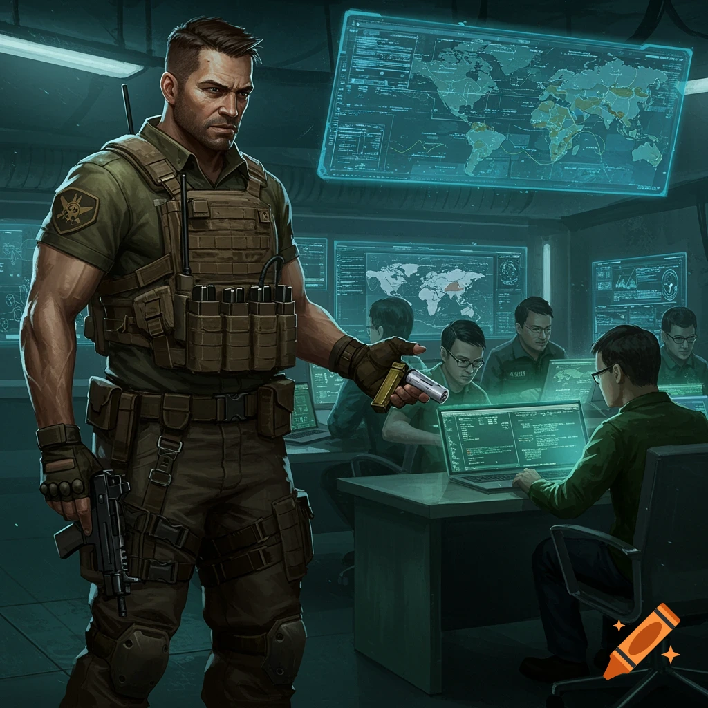 A special forces operative in tactical gear stands in a dimly lit control room with screens displaying maps and data, while men work at laptops. Digital art.
