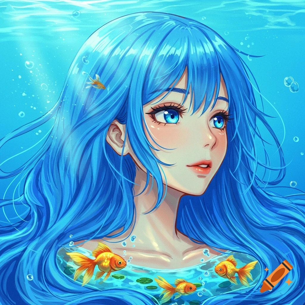 Anime girl with flowing blue water hair containing goldfish and lily pads, set in an underwater scene.