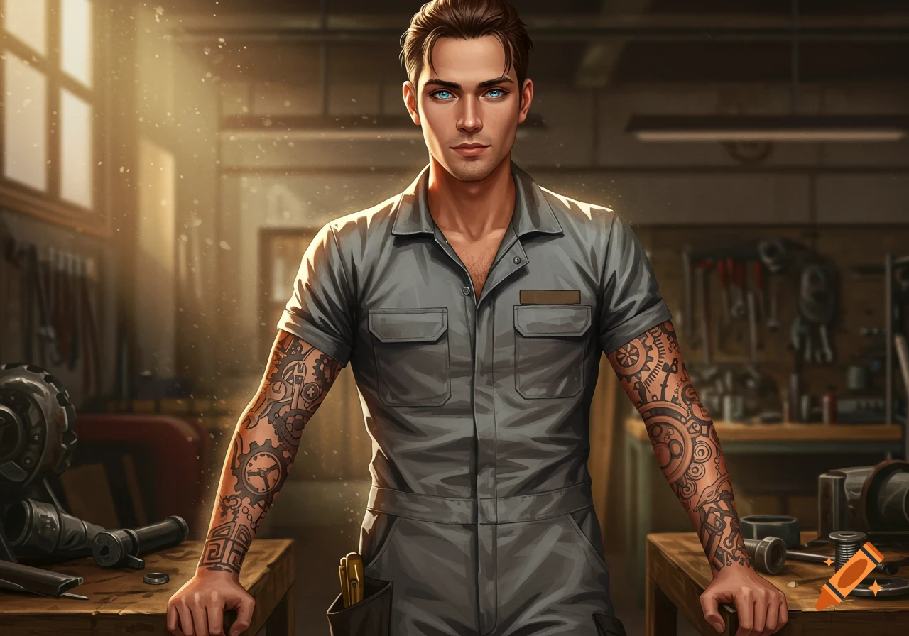 A photorealistic portrait of a young man with dark hair and bright blue eyes, wearing a gray mechanic's uniform with tattooed arms, standing in a sunlit workshop.