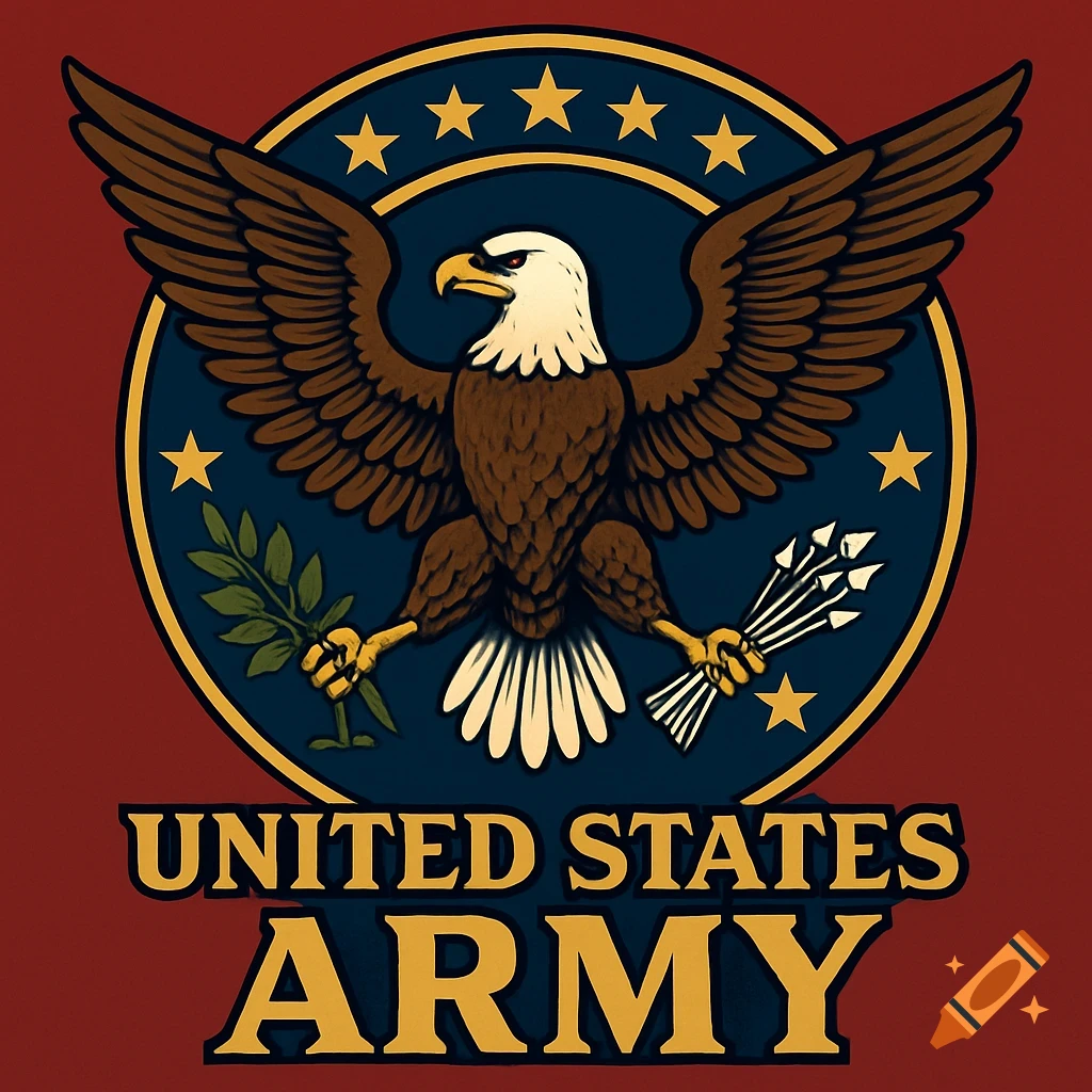 A classic United States Army logo featuring a bald eagle holding an olive branch and arrows, with 'UNITED STATES ARMY' text.