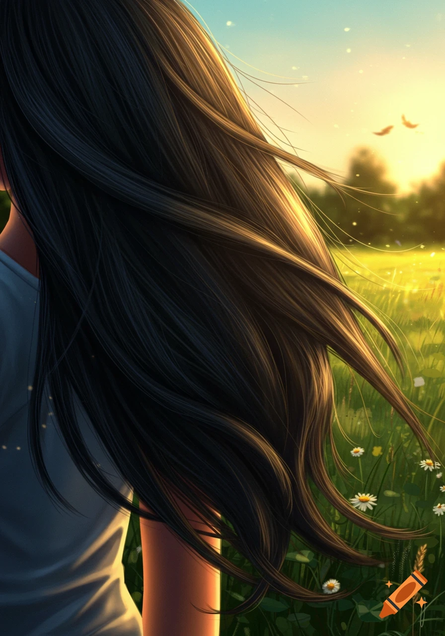 Long dark hair of a person from behind, flowing in the wind in a sunny green field with flowers, illustration style.